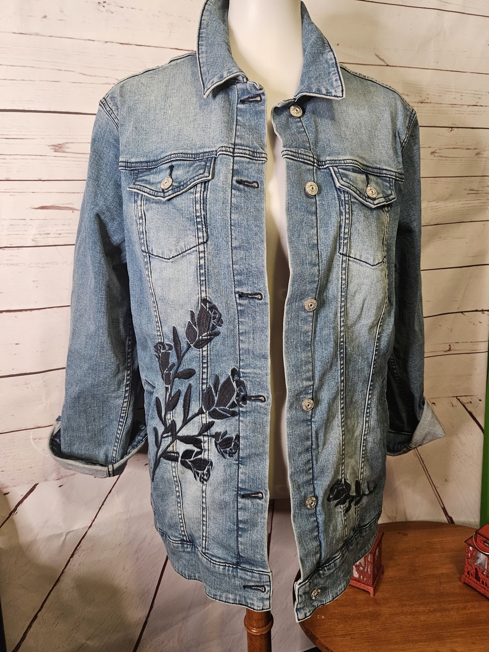 LuLaRoe Light Blue Denim Jacket with Black Floral Print